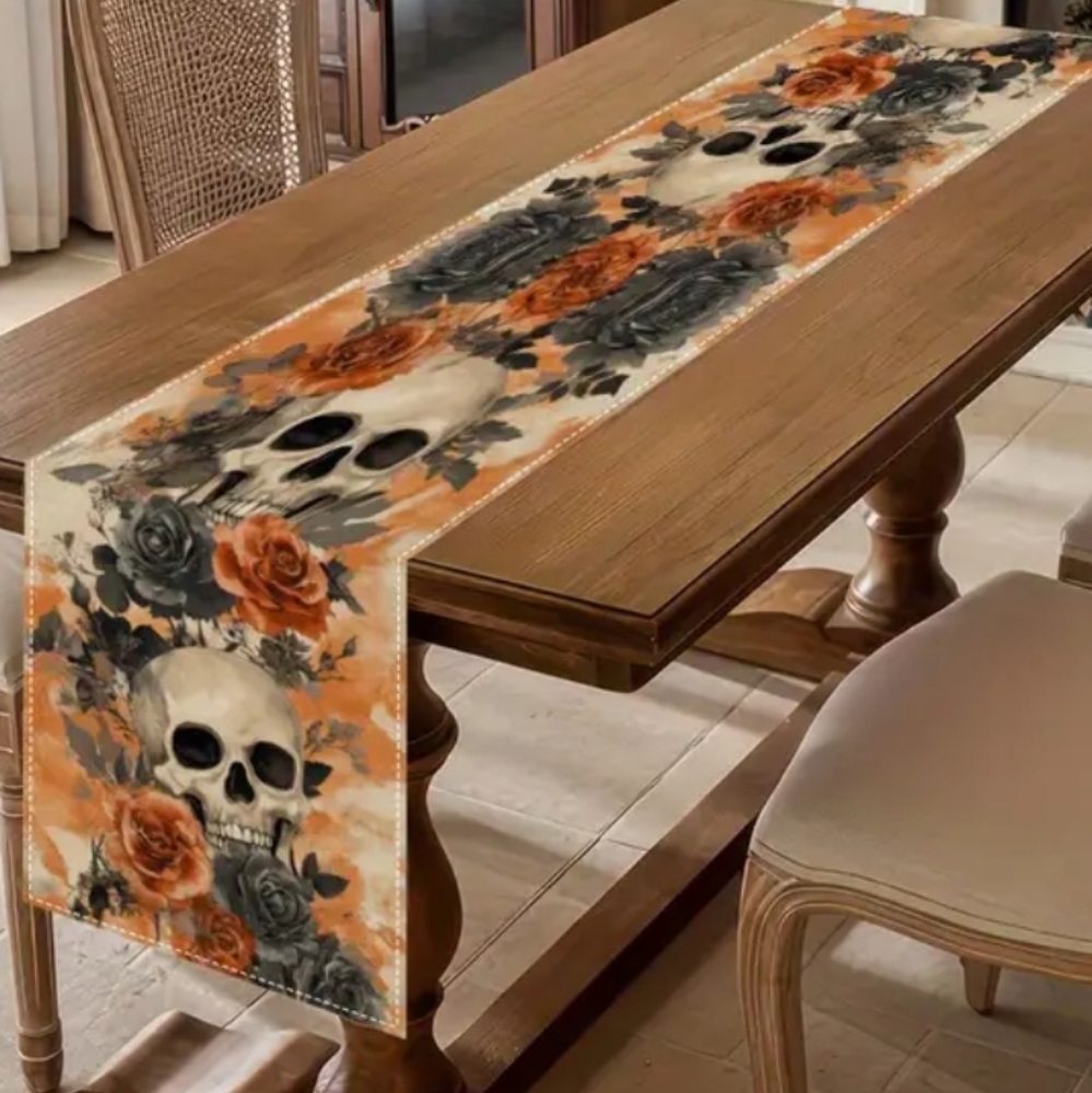 Skull and Roses Table Runner - Orange and Gray